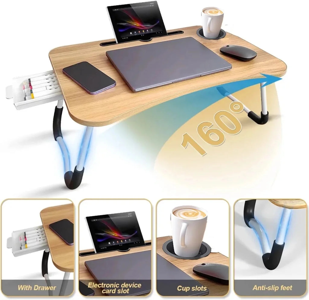 Foldable Lap Desk, 23.6 Inch Portable Wood Laptop Desk with iPad Slots, Cup Holder and Drawer A616759