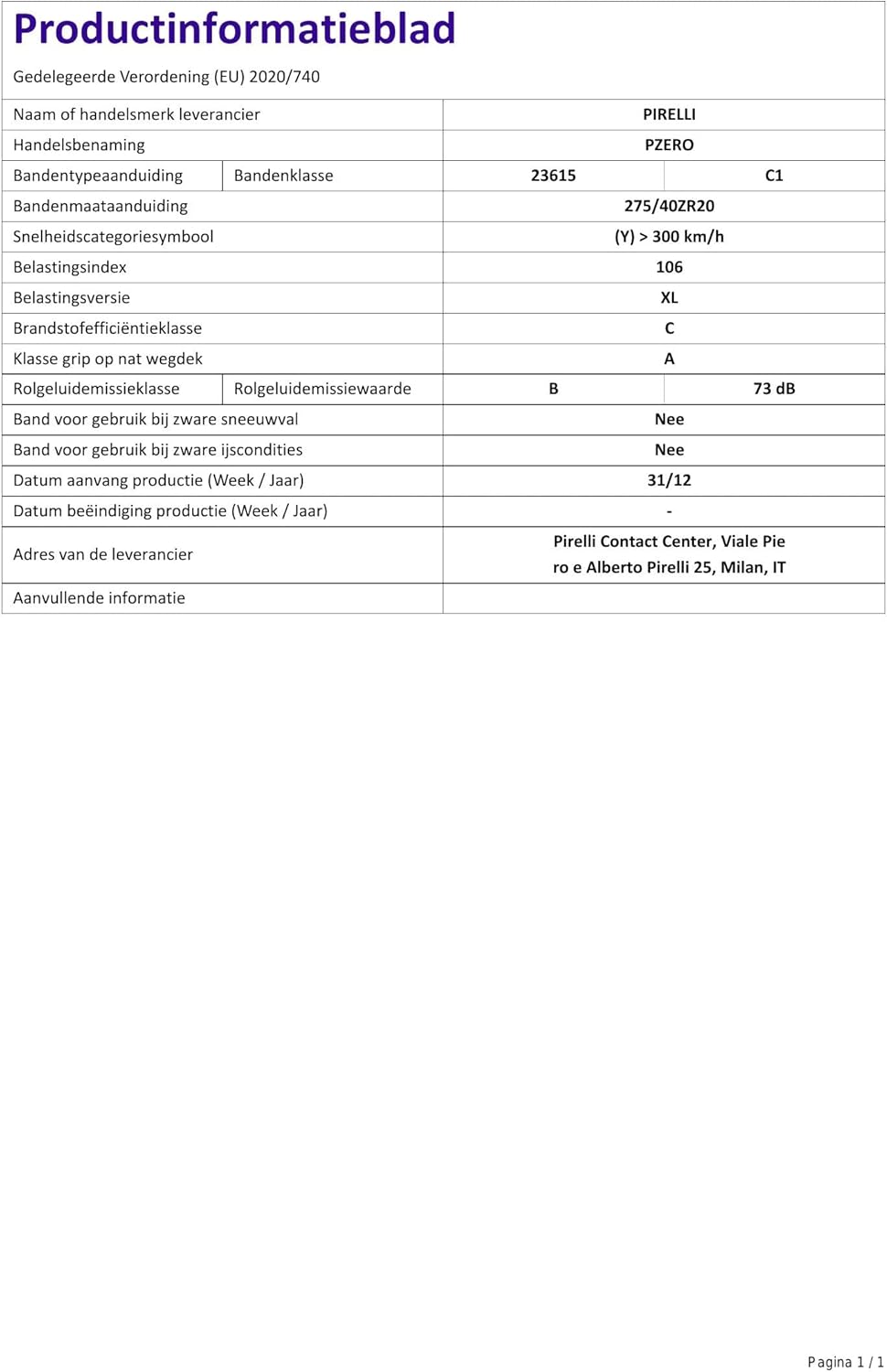 Radial Tire 275/40R20 106Y V288116