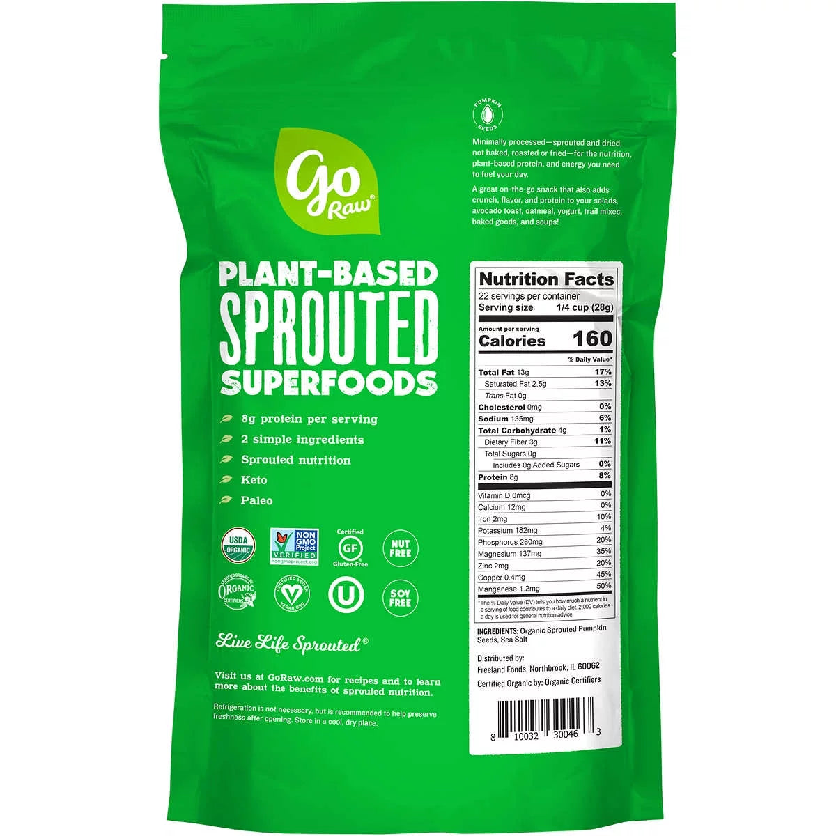 Sprouted Organic Pumpkin Seeds with Sea Salt, 22 oz V14374