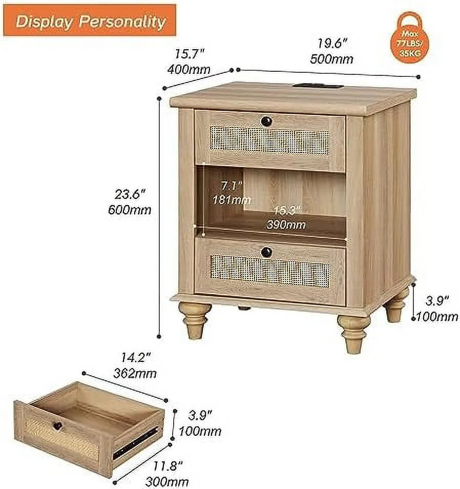 Rattan Nightstand End Table with Charging Station and 2 Drawers T753