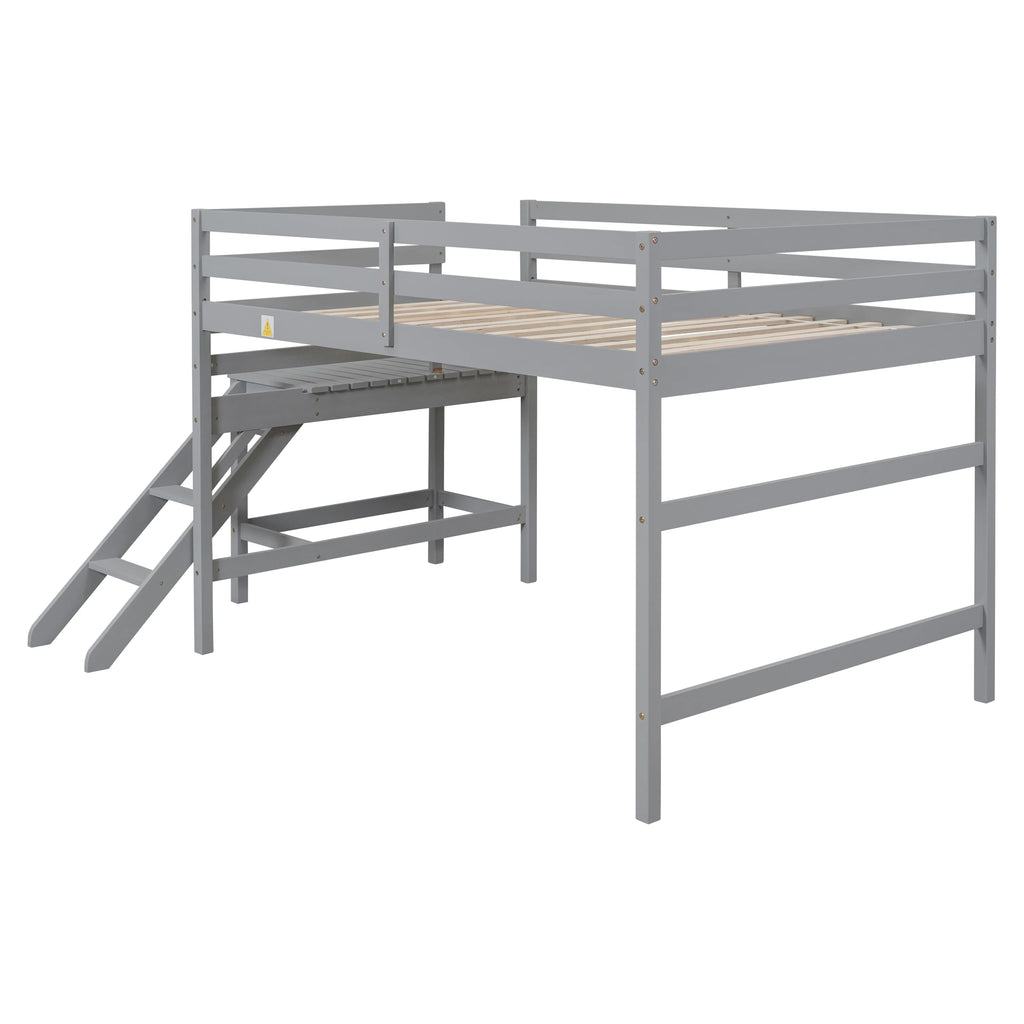 Full Wood Loft Bed with Safety Rail and Ladder for Kids, Gray S384254