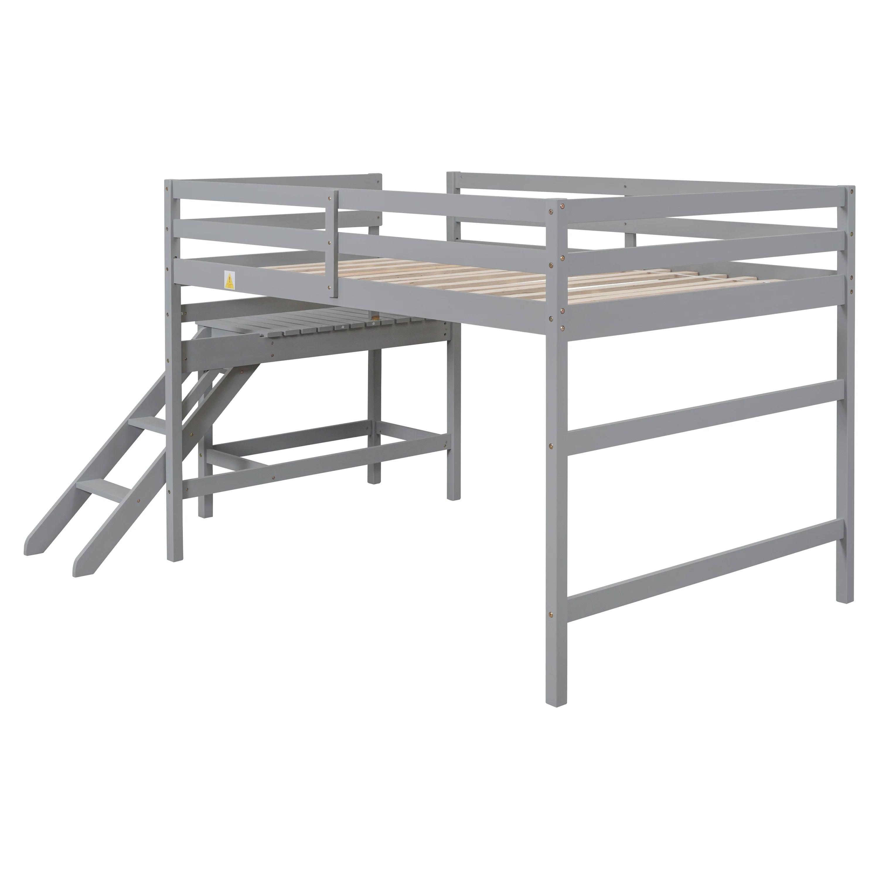 Full Wood Loft Bed with Safety Rail and Ladder for Kids, Gray S384254