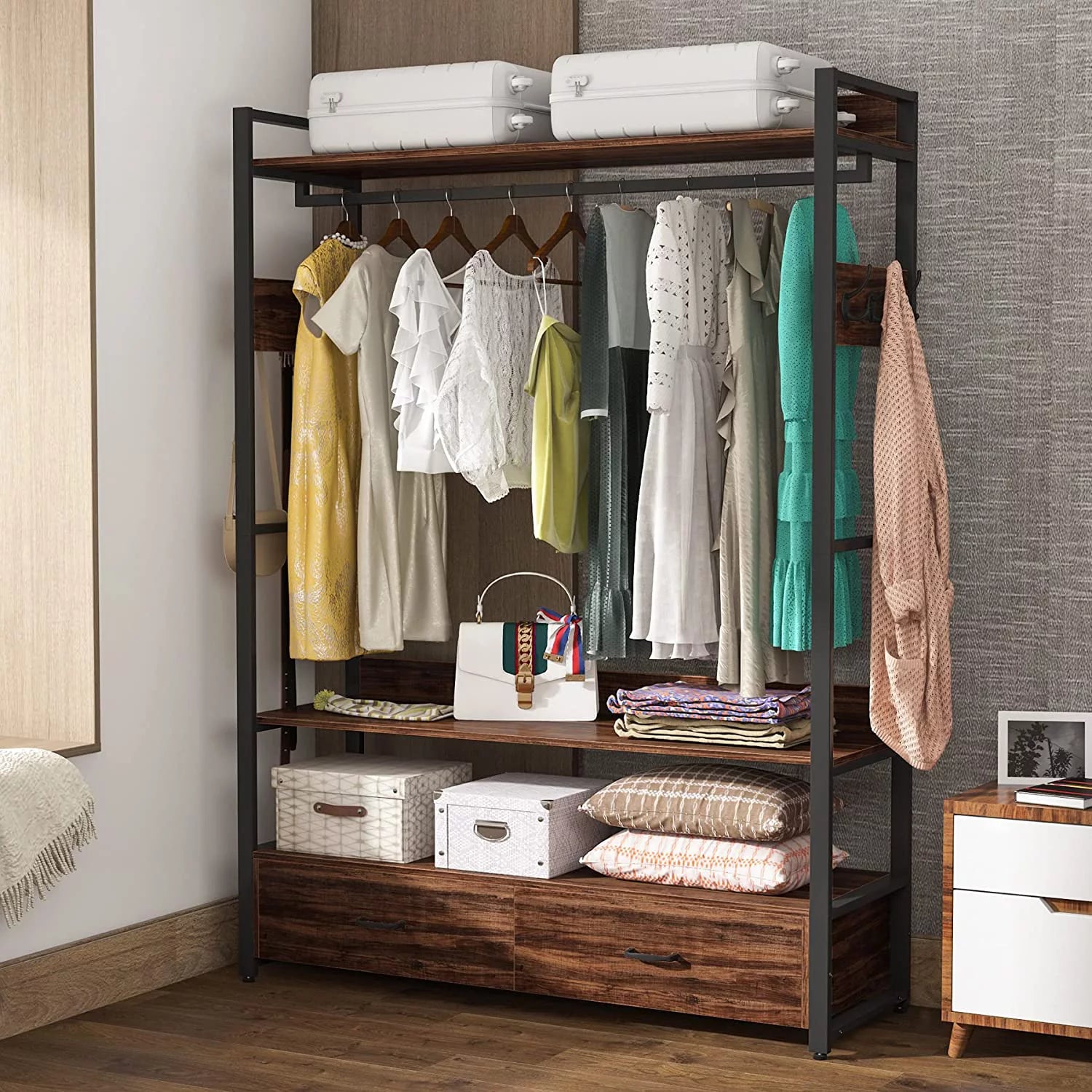 Heavy Duty Clothes Rack with Shelves, Hanging Rod and 2 Drawers, Rustic Brown P367