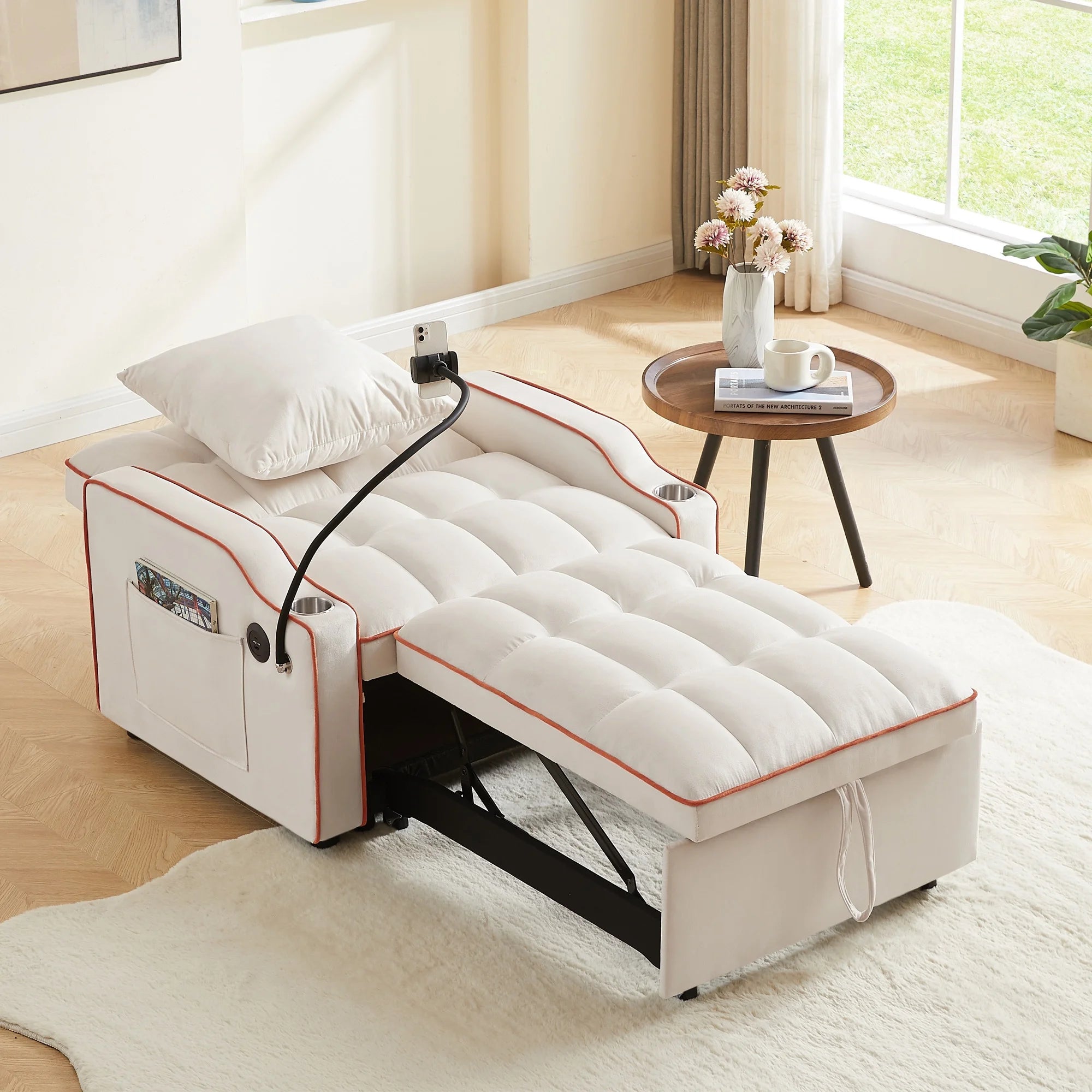 Sleeper Chair Bed, Convertible Pull Out Sofa Bed with USB Port and Cup Holders, Beige S570