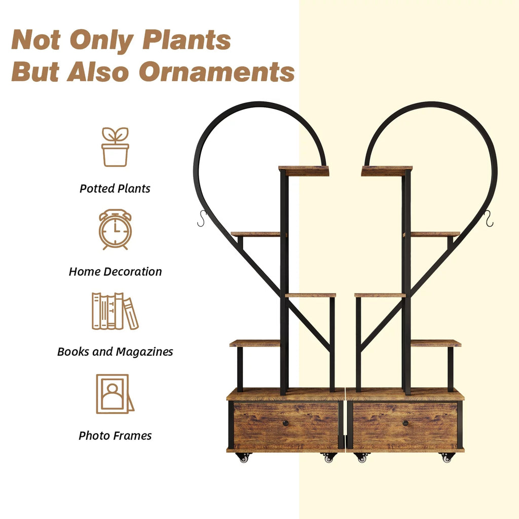 6-Tier Heart-Shape Plant Stand with Drawer and Rollers, Metal and Wood, Indoor Home Decor, 2-Pack I4348