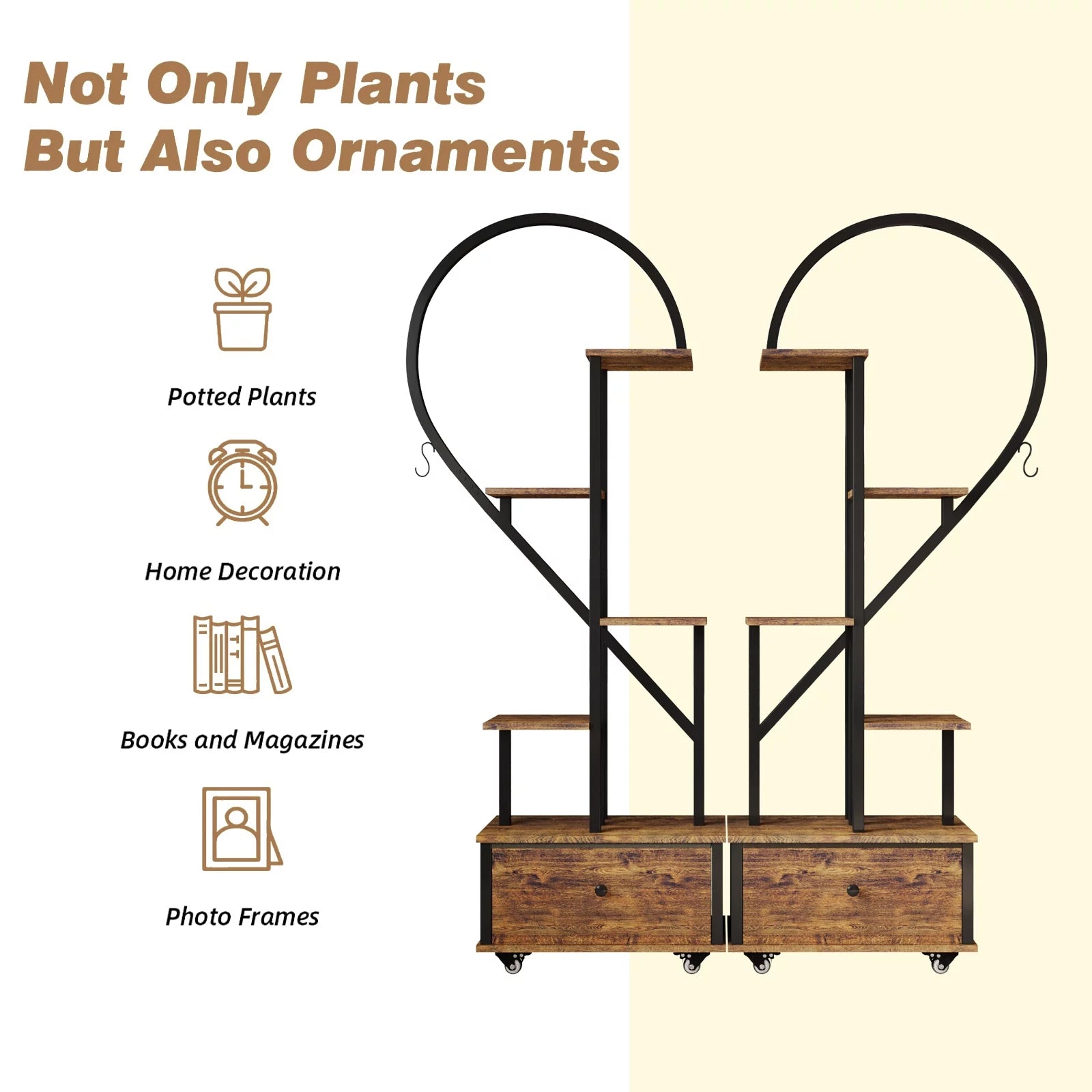 6-Tier Heart-Shape Plant Stand with Drawer and Rollers, Metal and Wood, Indoor Home Decor, 2-Pack I4348