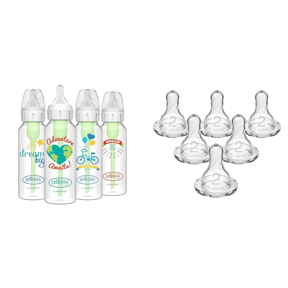 Dr. Brown's Natural Flow Anti-Colic Options+ Narrow Baby Bottles 8 oz/250 mL & Natural Flow Level 2 Narrow Baby Bottle Silicone Nipple, Medium Flow, 3m+