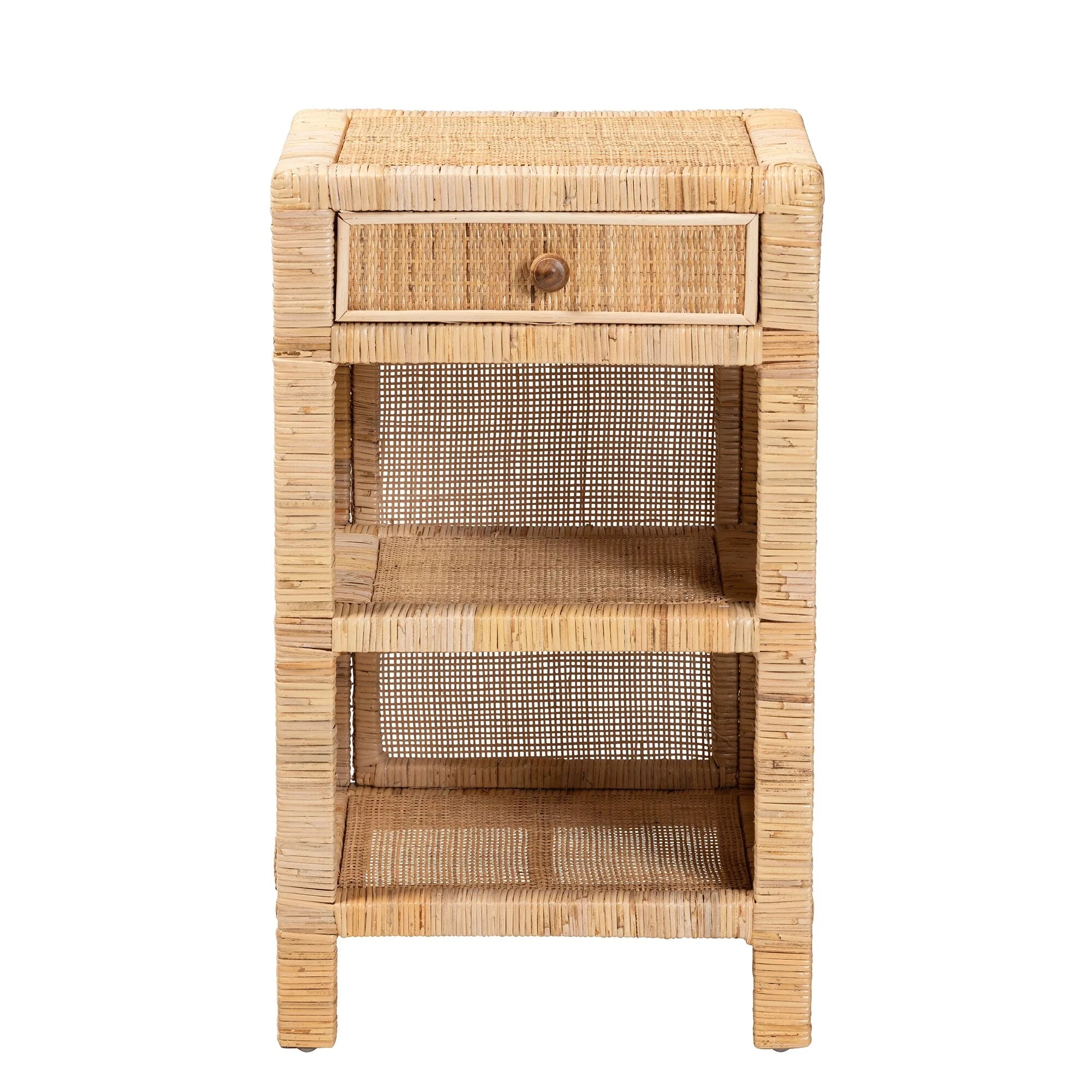 Modern Bohemian 1-Drawer Nightstand in Brown Wood and Rattan E330