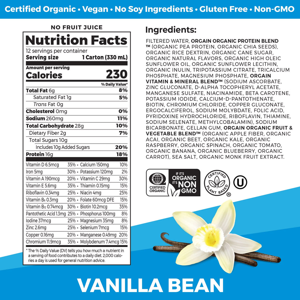 Organic Vegan Protein Shake, Vanilla Bean, 11oz, 12ct F517