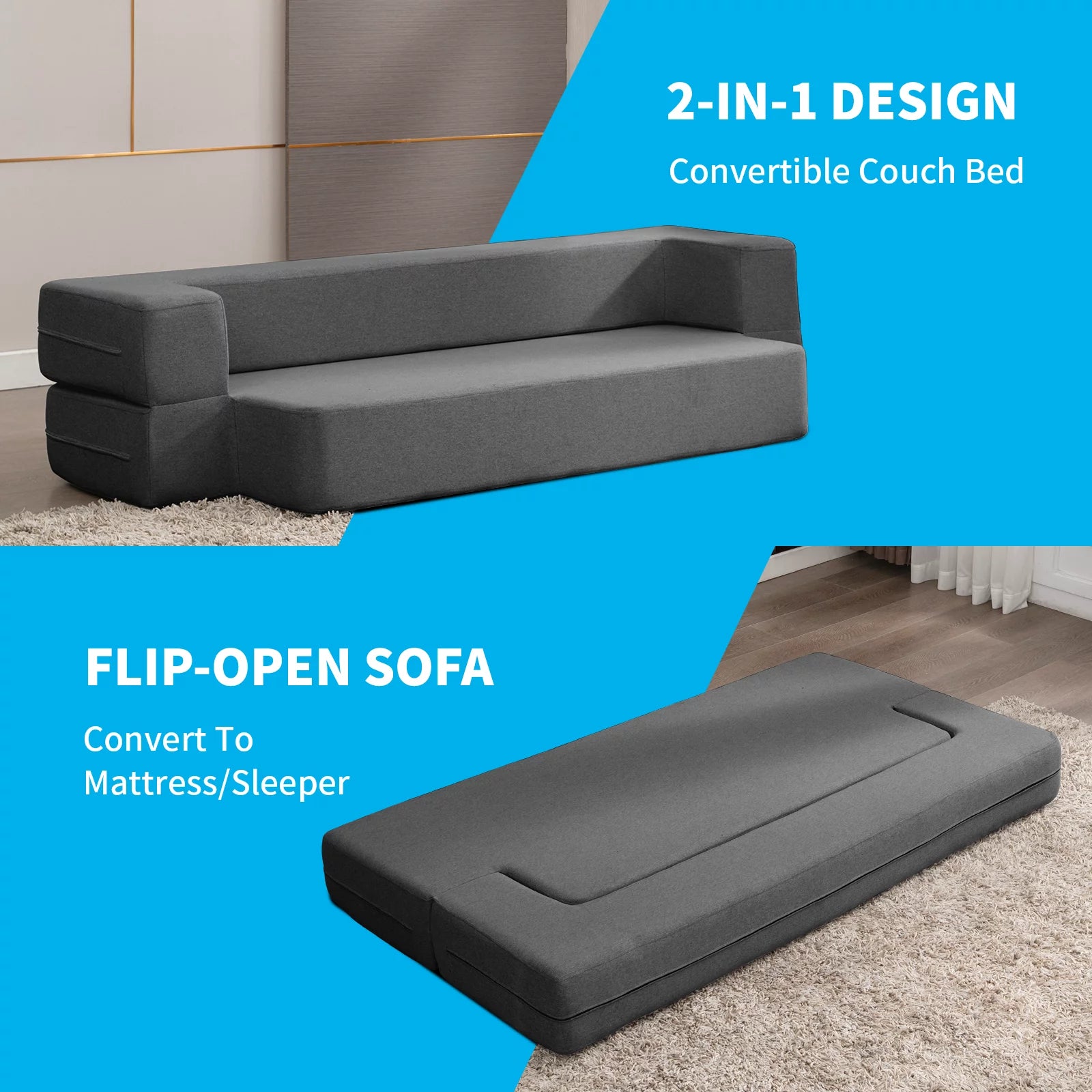 Folding Queen Size Sleeper Sofa Bed with Memory Foam, Dark Gray C28121