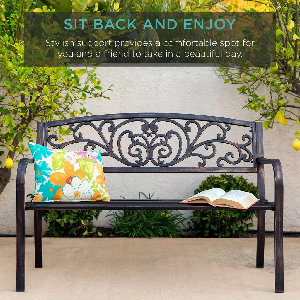 Outdoor Steel Bench Garden Patio Porch Furniture with Floral Design Backrest N810