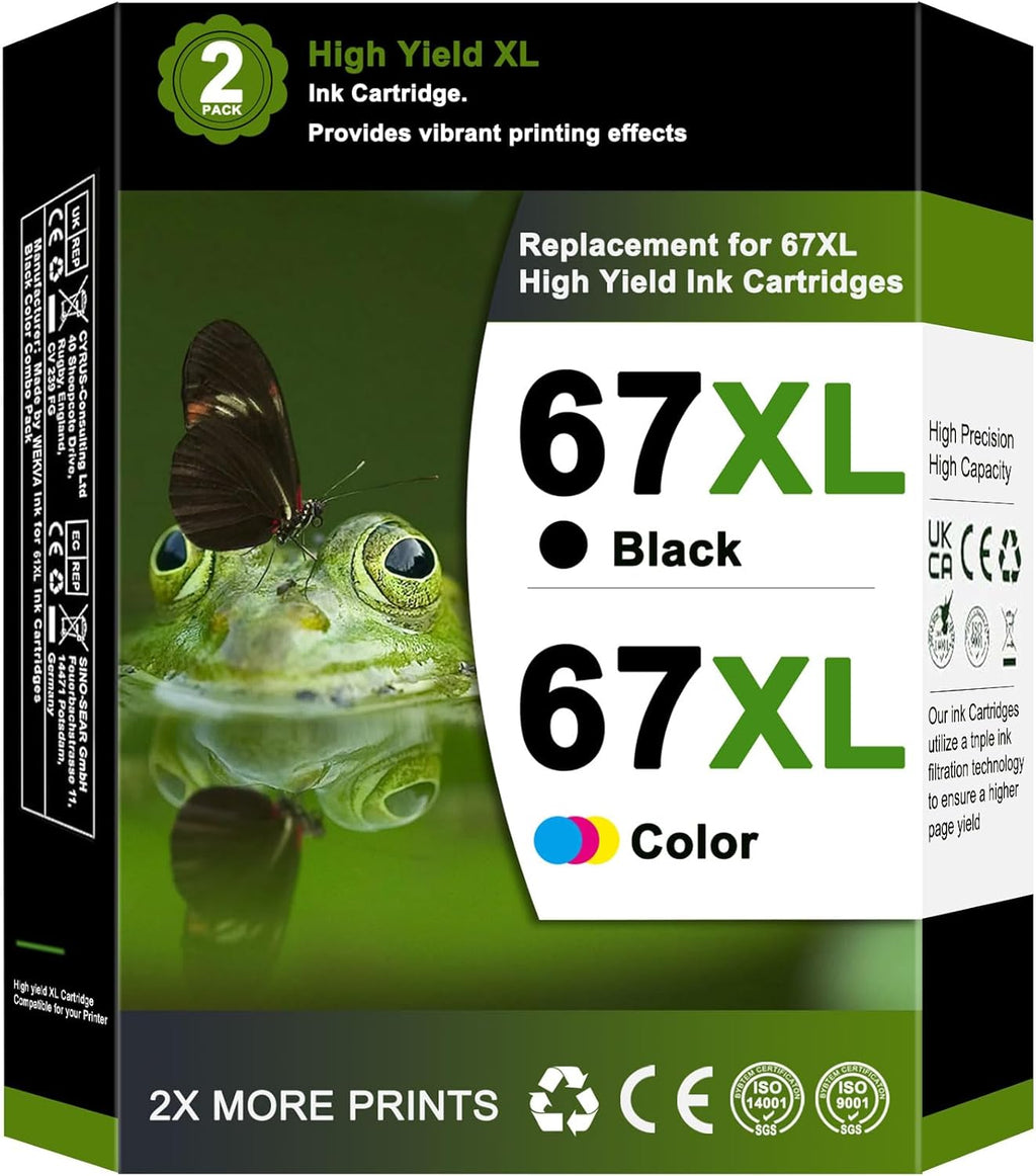 67XL 67 Ink Cartridges Black/Color Combo Pack High Yield (2-Pack) Replacement for HP Ink 67 XL for Envy 6000 6400 6055 6032 Pro 6455 Deskjet 2700 2755 2752 2722 2732 Plus 4155 Printer