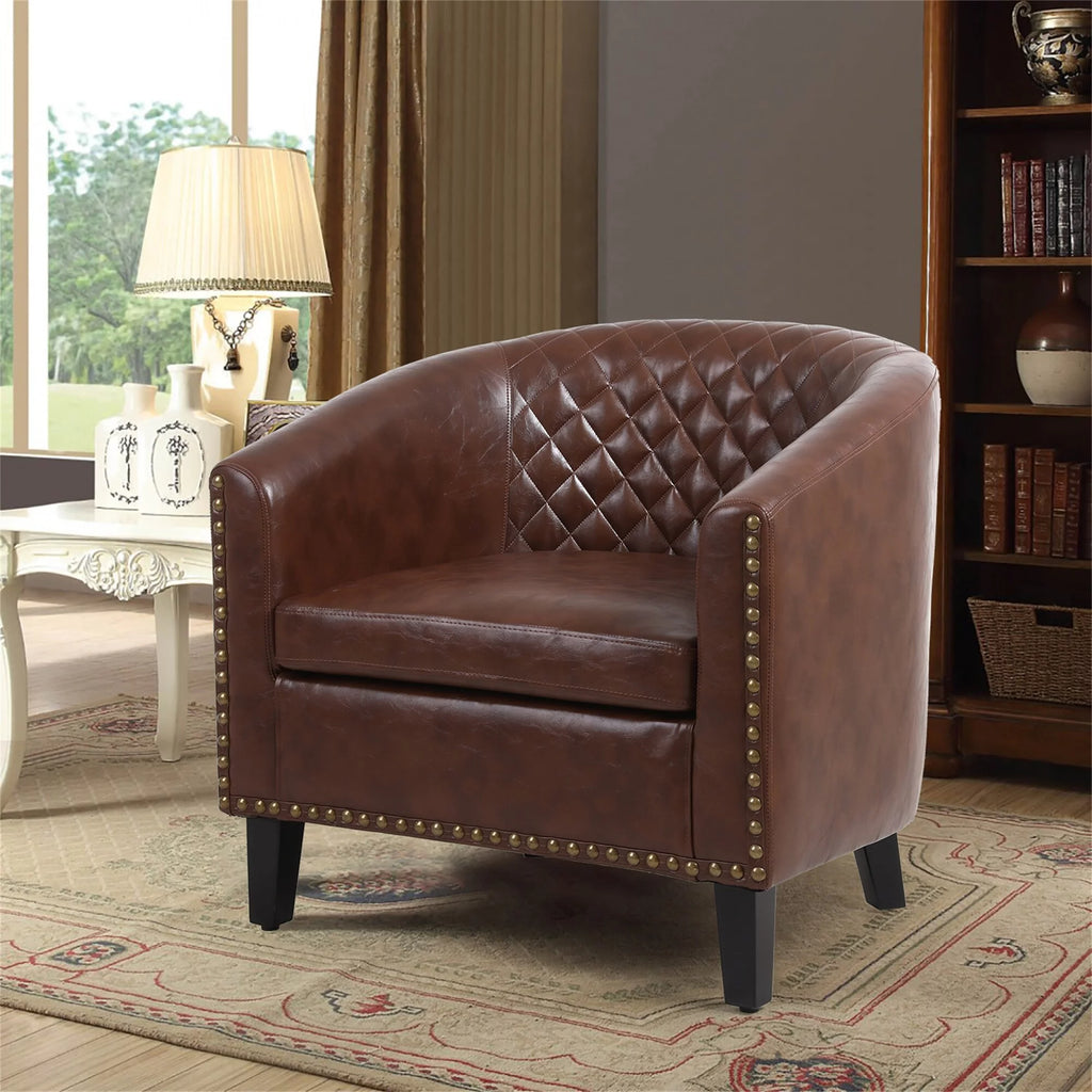 PU Leather Barrel Accent Chair with Nailheads Black V2667