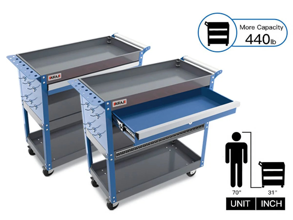 Tool Trolley with 3 Storage Levels, Hanging Hook, Ergonomic Handles, Rubber Brake Wheels V108223
