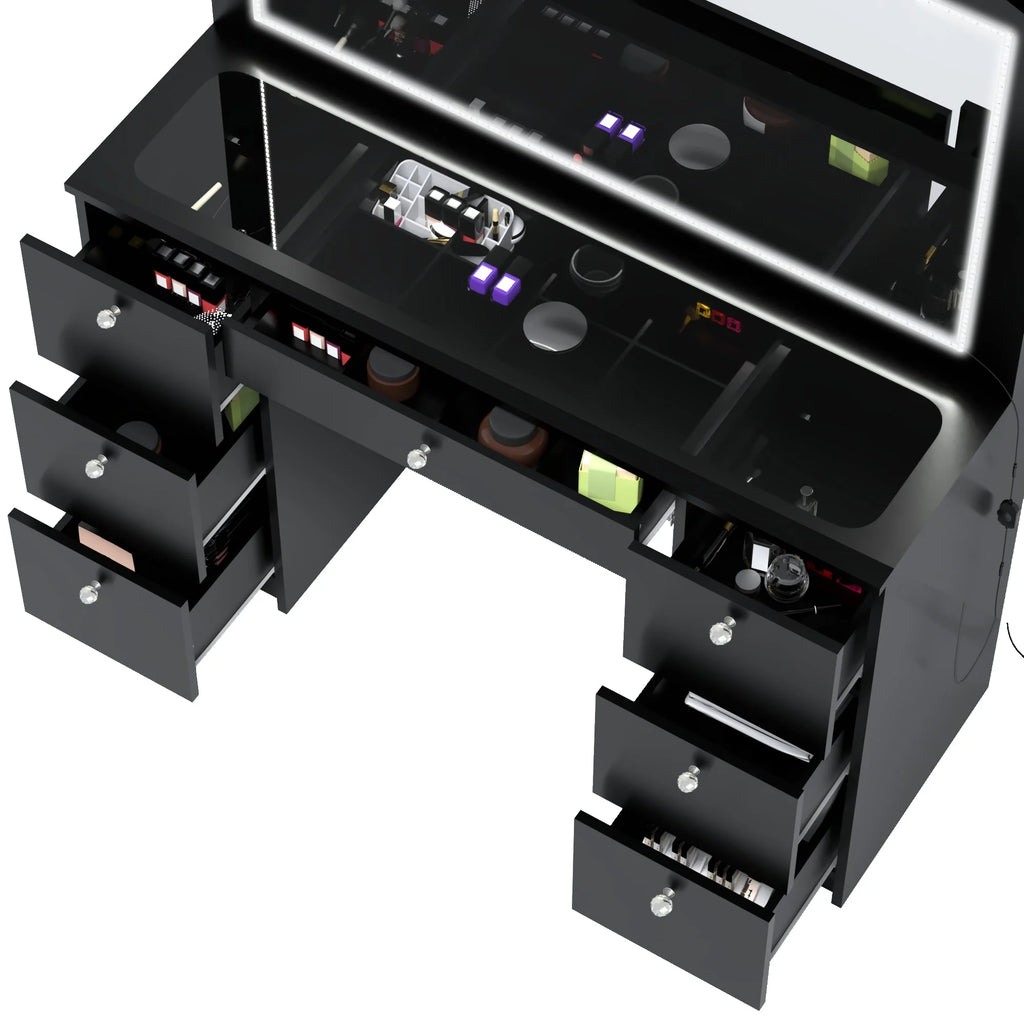 Modern Black Vanity Desk with LED Lights and Mirror D95088