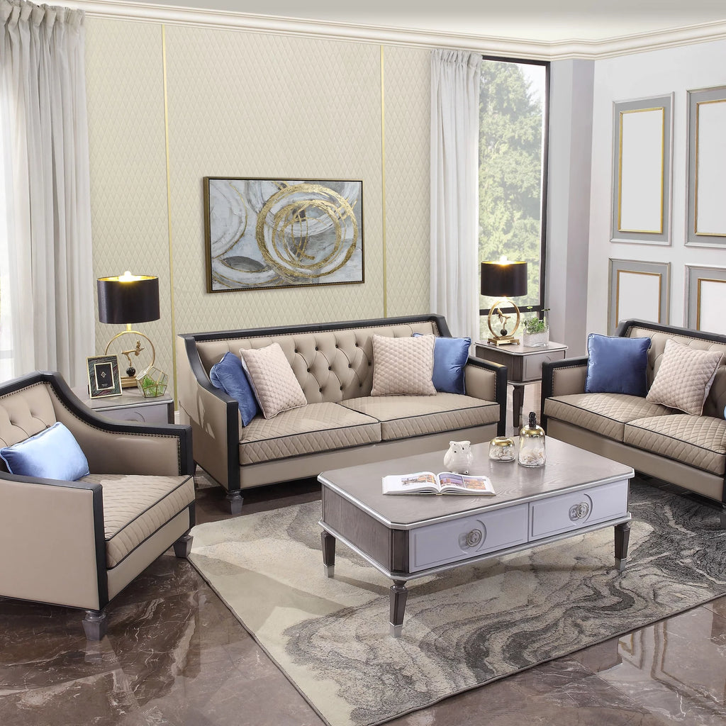 Sofa with 4 Pillows in Tan, Black and Charcoal R9054