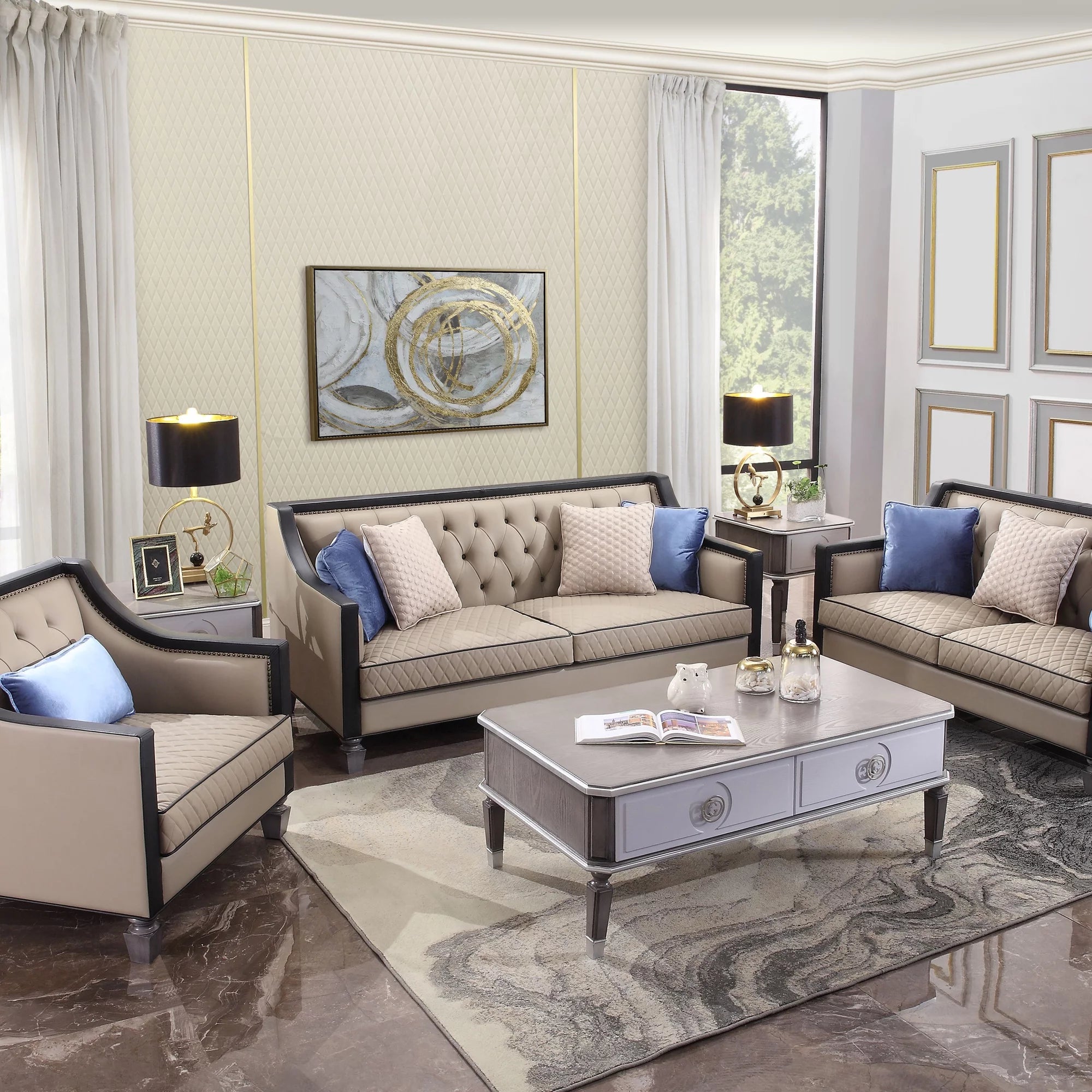 Sofa with 4 Pillows in Tan, Black and Charcoal R9054