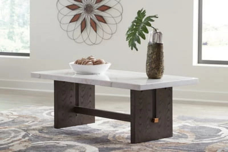 Rectangular Coffee Table with Marble Tabletop, Dark Brown & White R86769