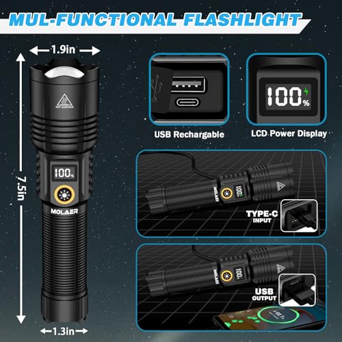 Rechargeable LED Flashlight, 900000 Lumens, Zoomable, Waterproof, Tactical Handheld Light S25279