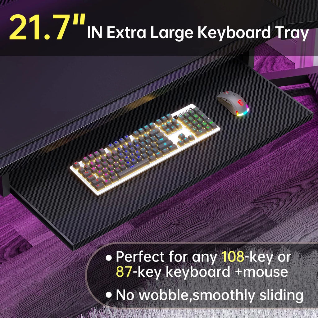 79" L Shaped Gaming Desk with LED Lights, Power Strip, Fabric Drawers, Storage Shelf and Keyboard Tray D650