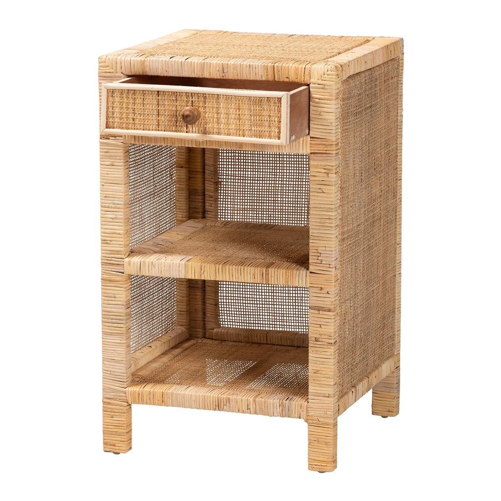 Modern Bohemian 1-Drawer Nightstand in Brown Wood and Rattan E330