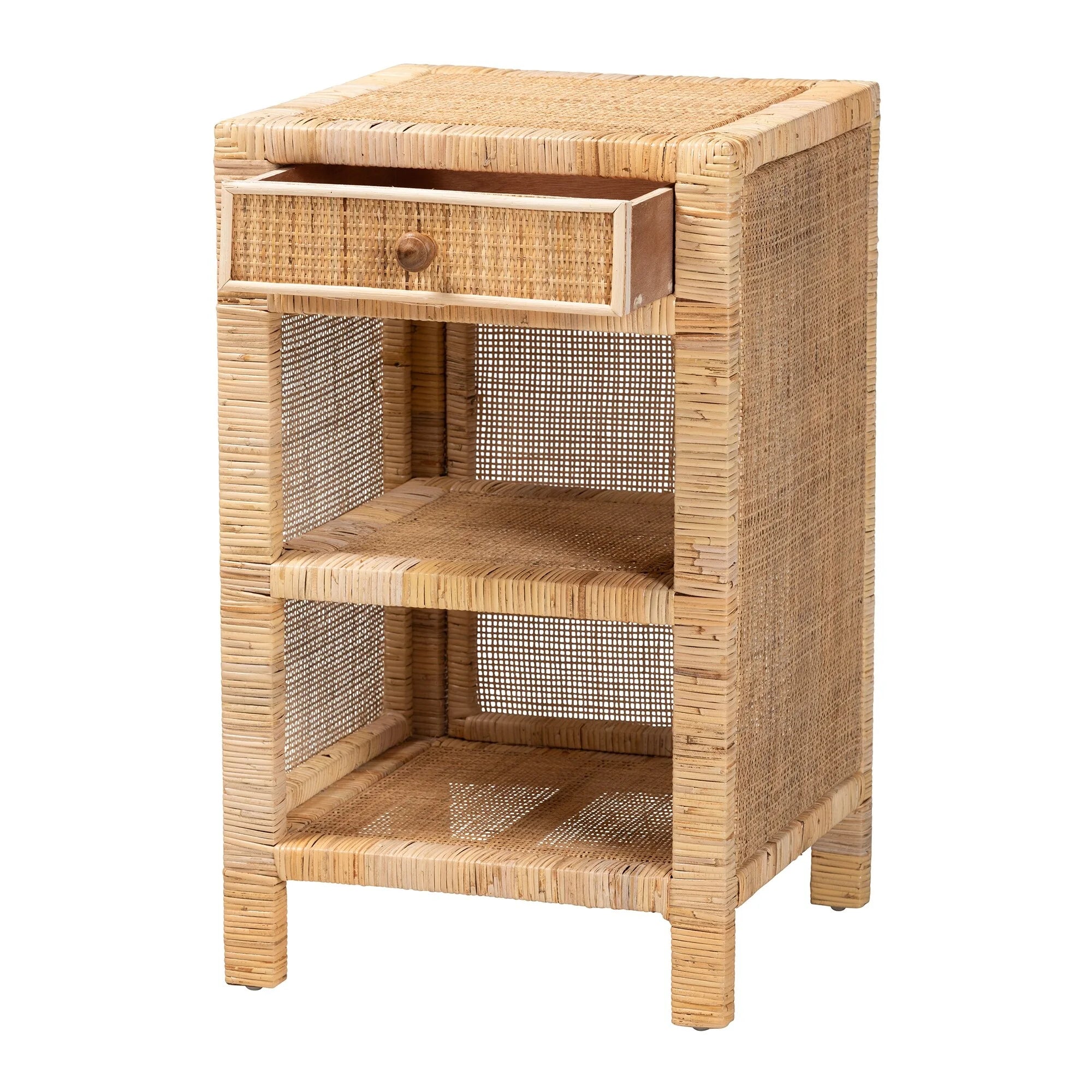 Modern Bohemian 1-Drawer Nightstand in Brown Wood and Rattan E330