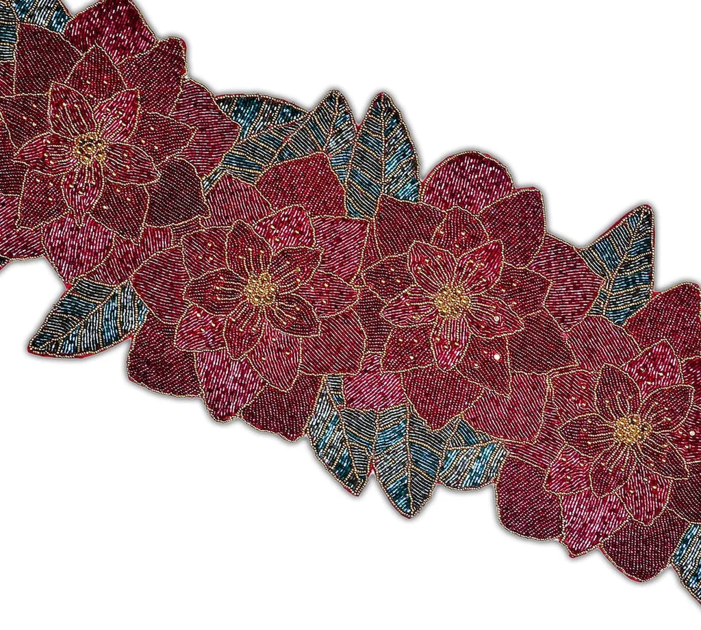 Beaded Christmas Floral Table Runner 13x36 Inch V80688