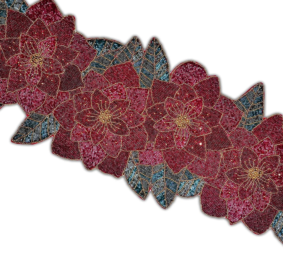 Beaded Christmas Floral Table Runner 13x36 Inch V80688