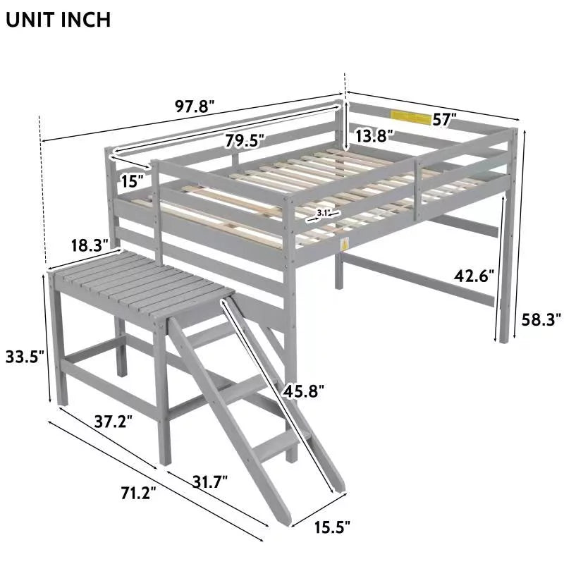 Full Wood Loft Bed with Safety Rail and Ladder for Kids, Gray S384254