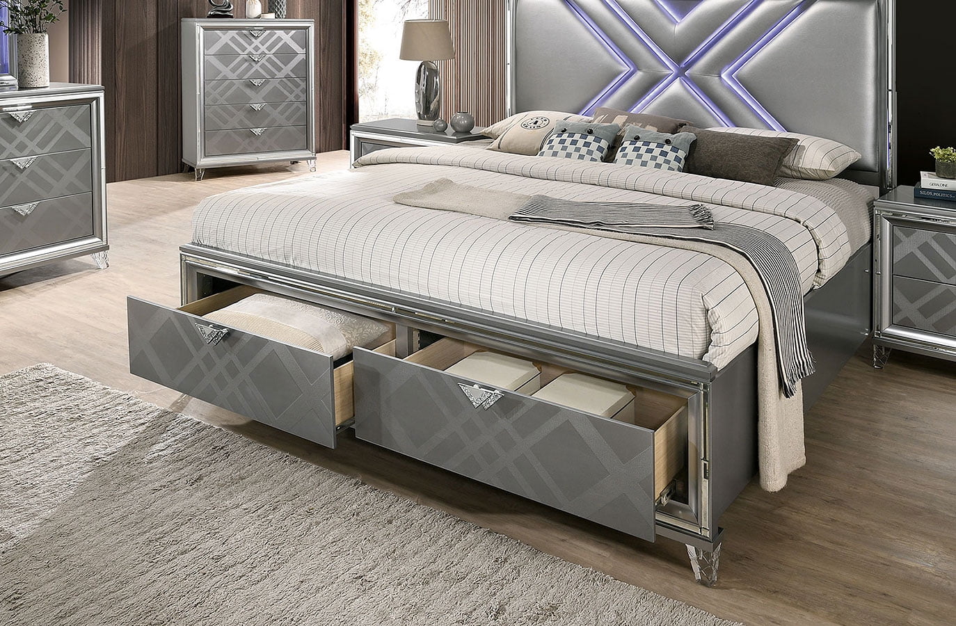 Eastern King Size Bed with LED Dresser Mirror and 2 Nightstands 5pc Set M27967