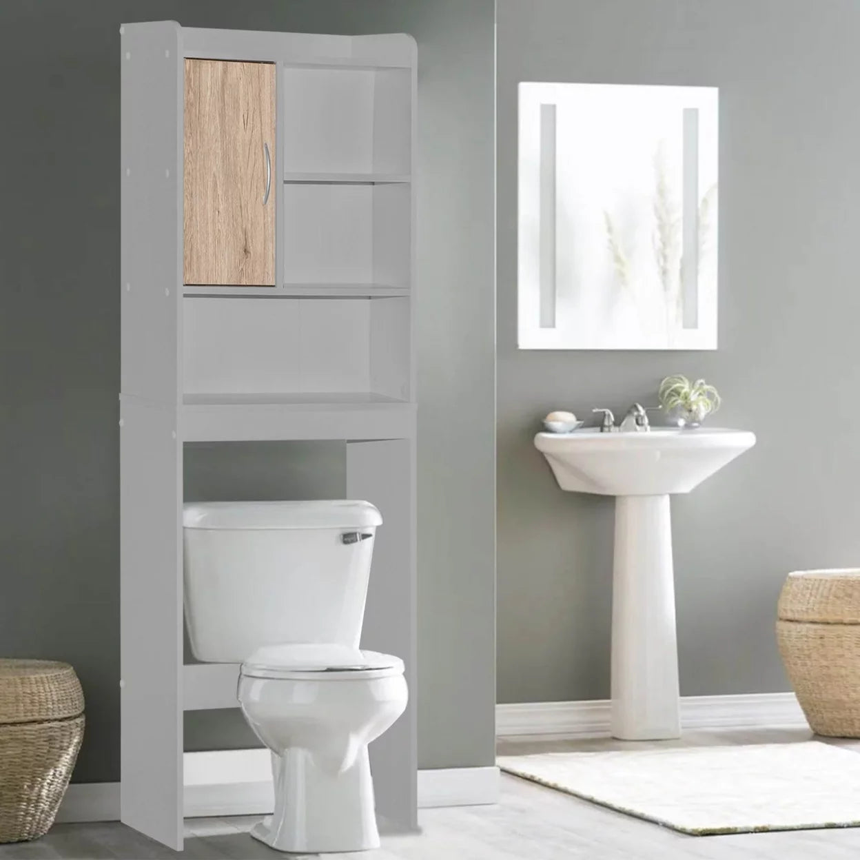 Over-the-Toilet Storage Cabinet in Light Gray & Natural Oak G649