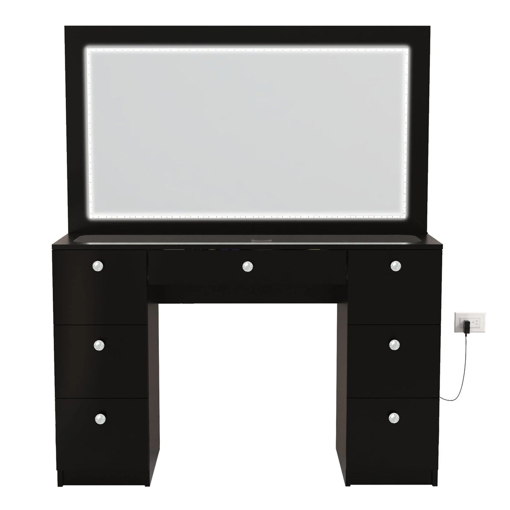 Modern Black Vanity Desk with LED Lights and Mirror D95088