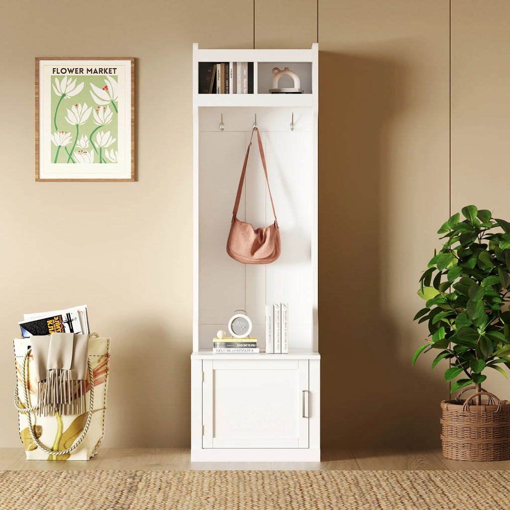 Minimalist Hall Tree with Cabinet & 6 Hanging Hooks, Storage Bench with Coat Rack, White F392546