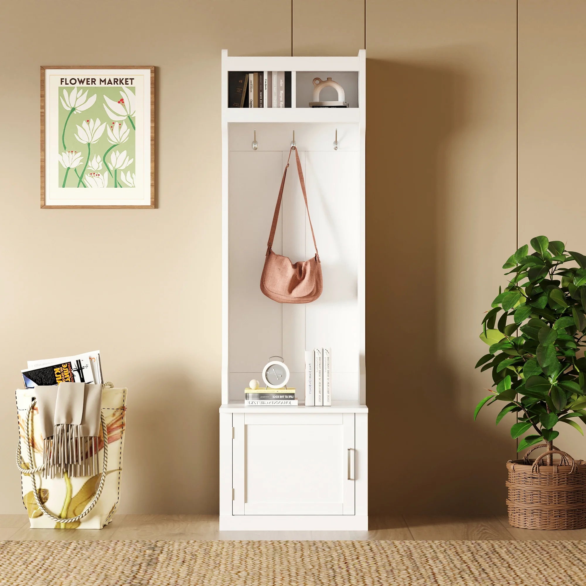 Minimalist Hall Tree with Cabinet & 6 Hanging Hooks, Storage Bench with Coat Rack, White F392546