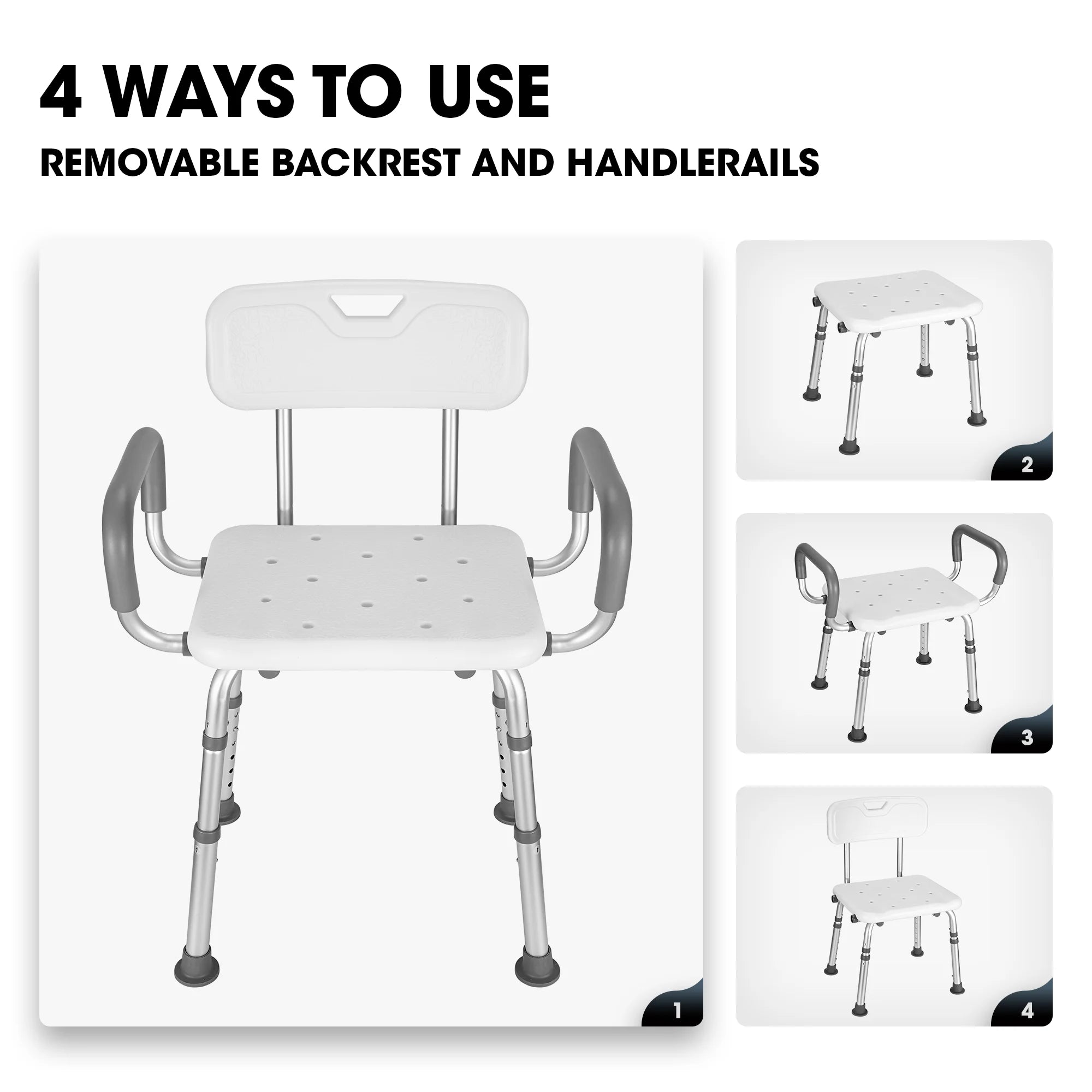 Shower Chair with Back and Padded Armrests, 6-Level Adjustable Height Q673