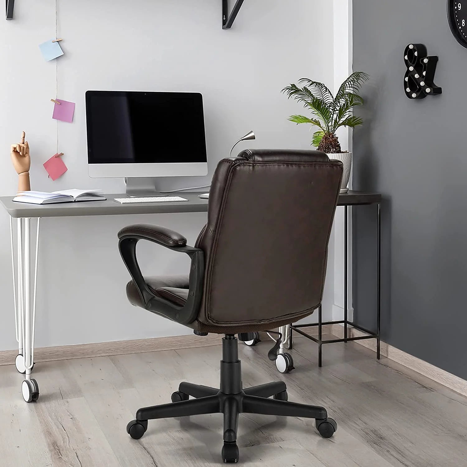 Office Chair Leather Ergonomic Mid Back Computer Desk Chair with Padded Armrests, Dark Brown R8686