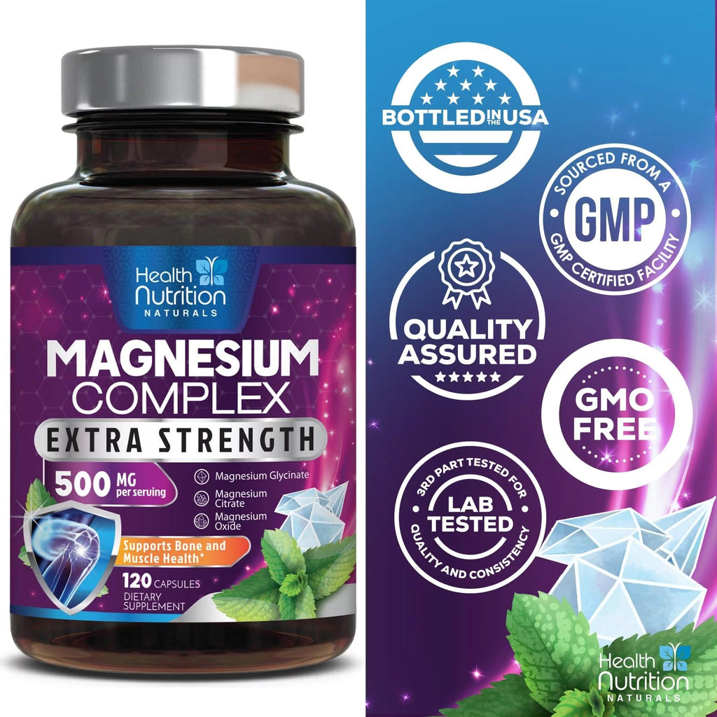 Magnesium Complex 500mg Supplement Capsules for Muscle, Heart, Bone, Nerve Support E184