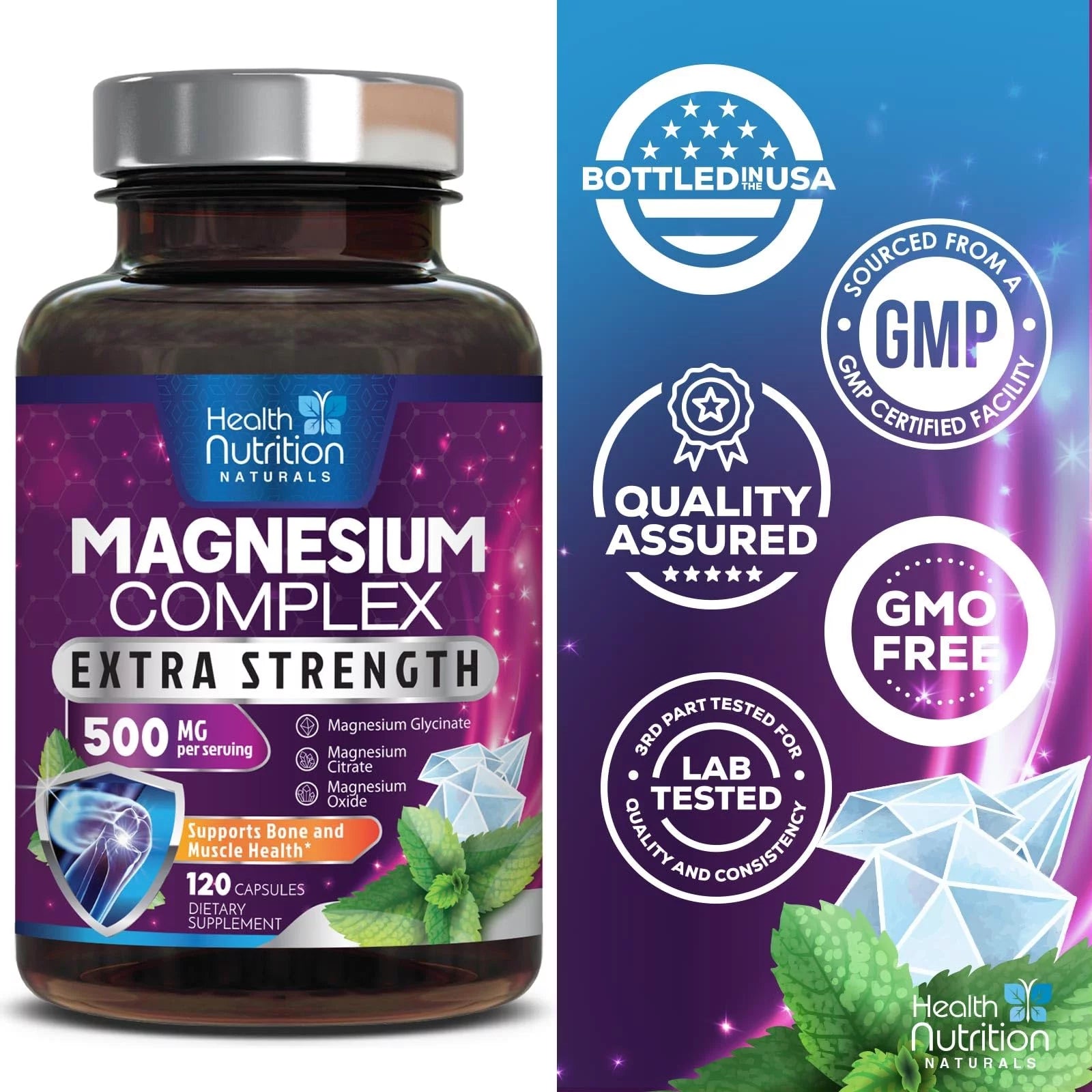 Magnesium Complex 500mg Supplement Capsules for Muscle, Heart, Bone, Nerve Support E184