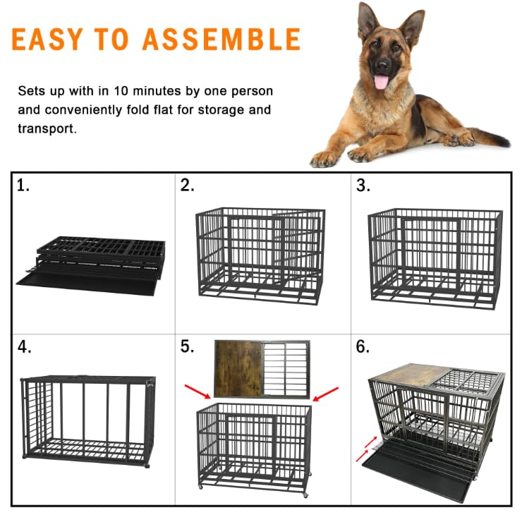 Heavy Duty Dog Crate Cage with Woodtop, Double Door and Tray W548763