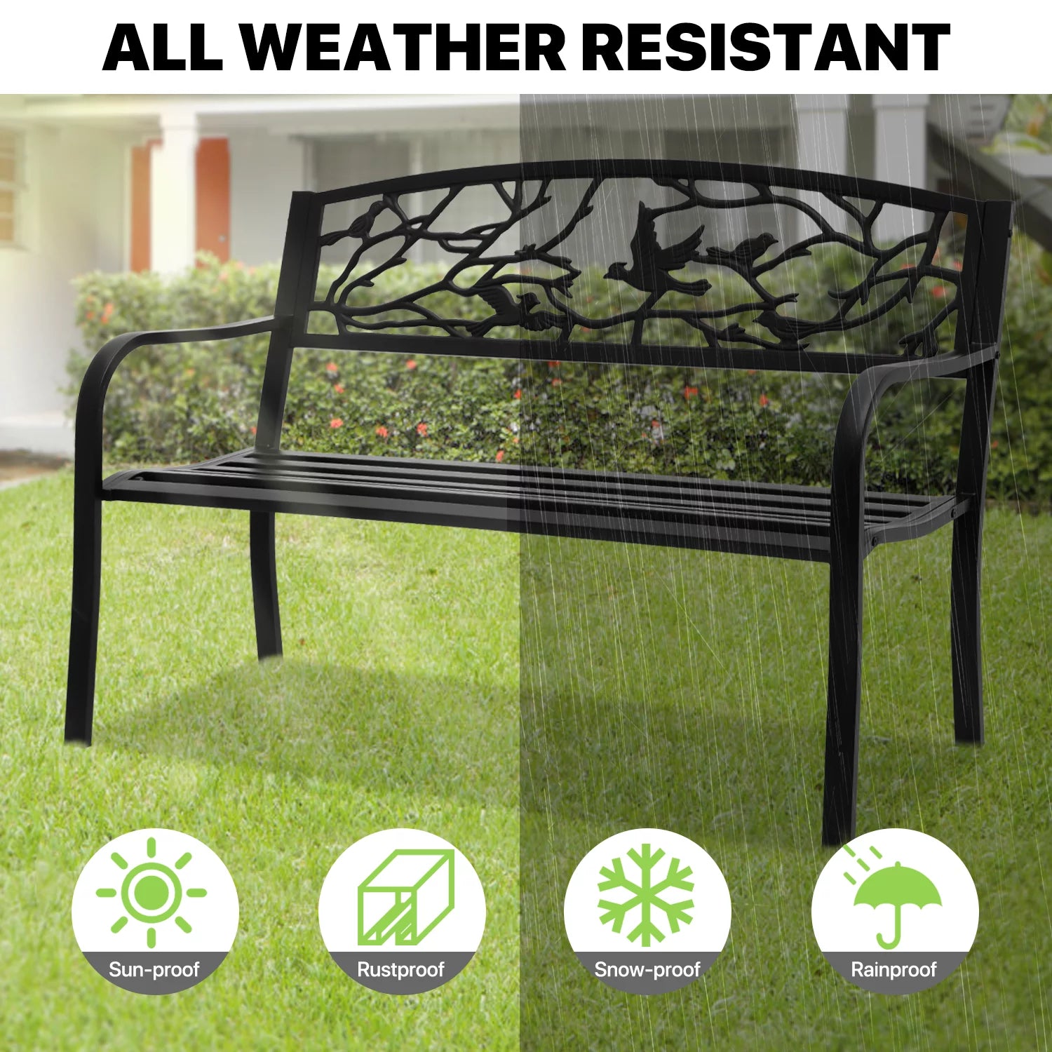 Outdoor Cast Iron Patio Bench with Bird Design Backrest Z971510