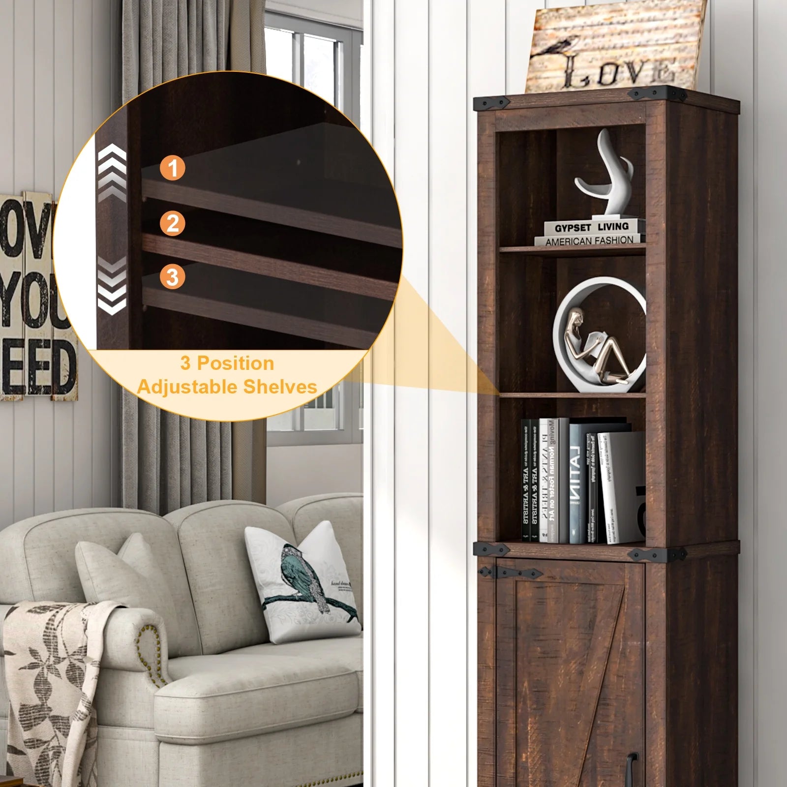 Farmhouse Storage Cabinet, 5-Shelf Tall Bathroom Organizer with Barn Door, Brown D6816