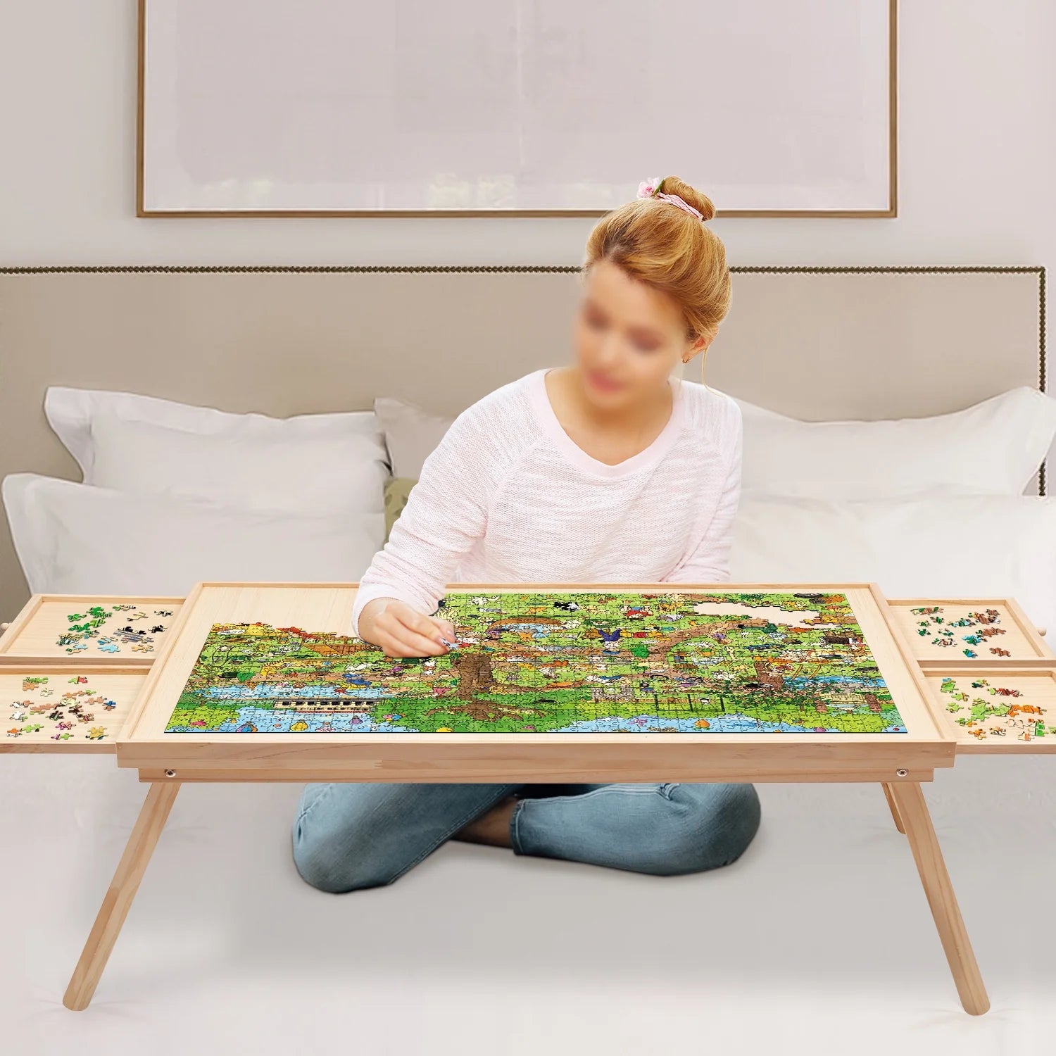 1500 Piece Wooden Jigsaw Puzzle Table with Folding Legs and 4 Drawers Q726