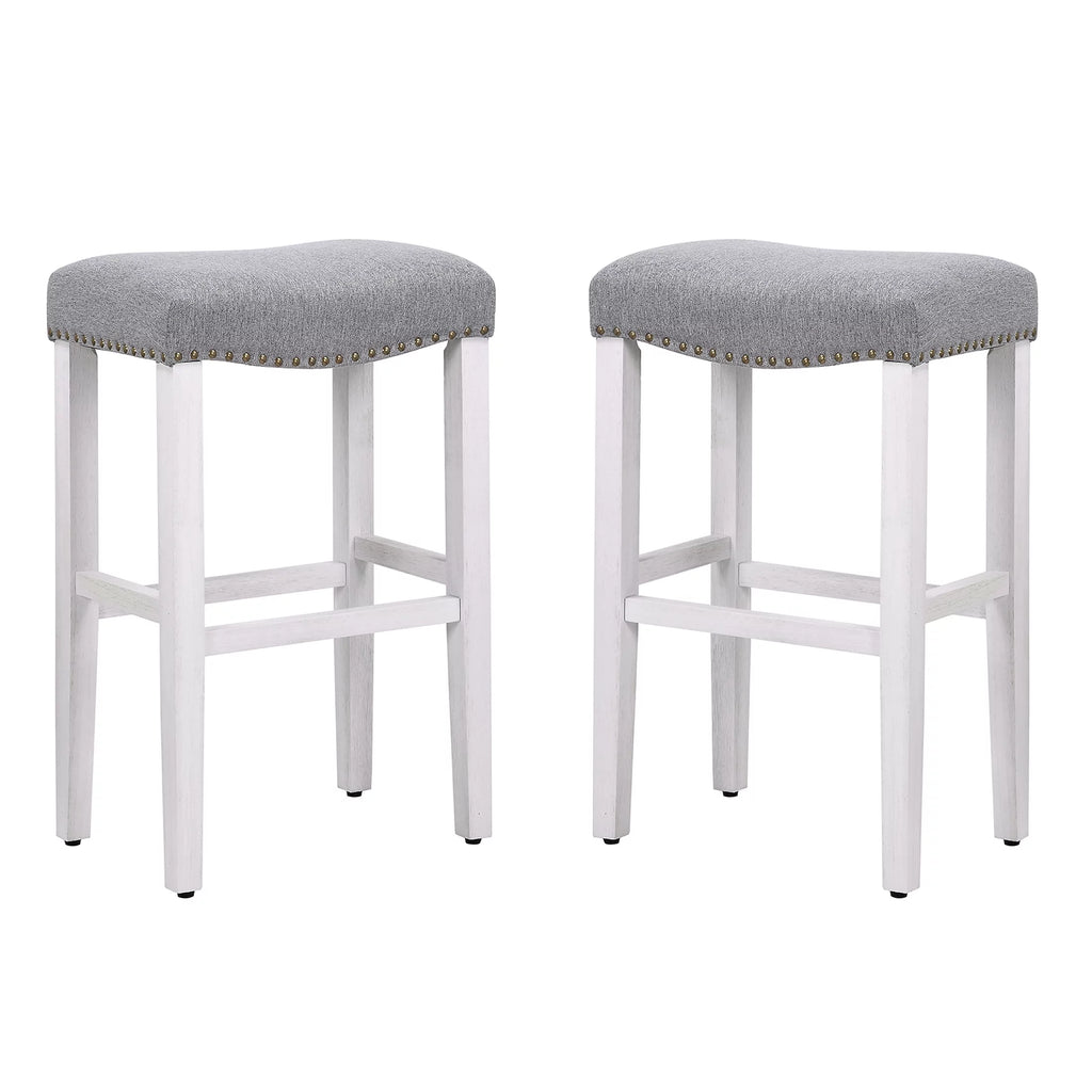 WestinTrends Barstools Bar Height Set of 2, 29" Farmhouse Kitchen White Wooden Saddle Stool Chair, Linen Upholstered Cushion with Solid Wood Leg, Gray