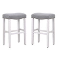 WestinTrends Barstools Bar Height Set of 2, 29" Farmhouse Kitchen White Wooden Saddle Stool Chair, Linen Upholstered Cushion with Solid Wood Leg, Gray
