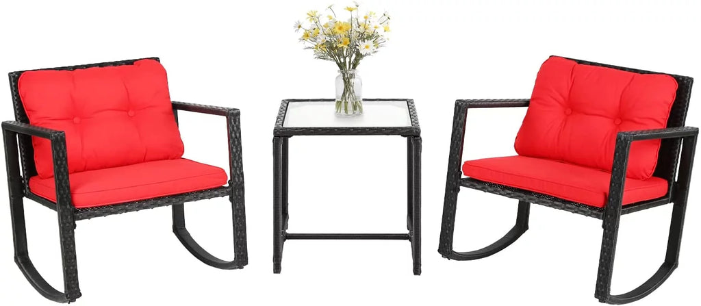 Wicker Rocking Bistro Conversation Set with Cushions and Glass Coffee Table Y314362