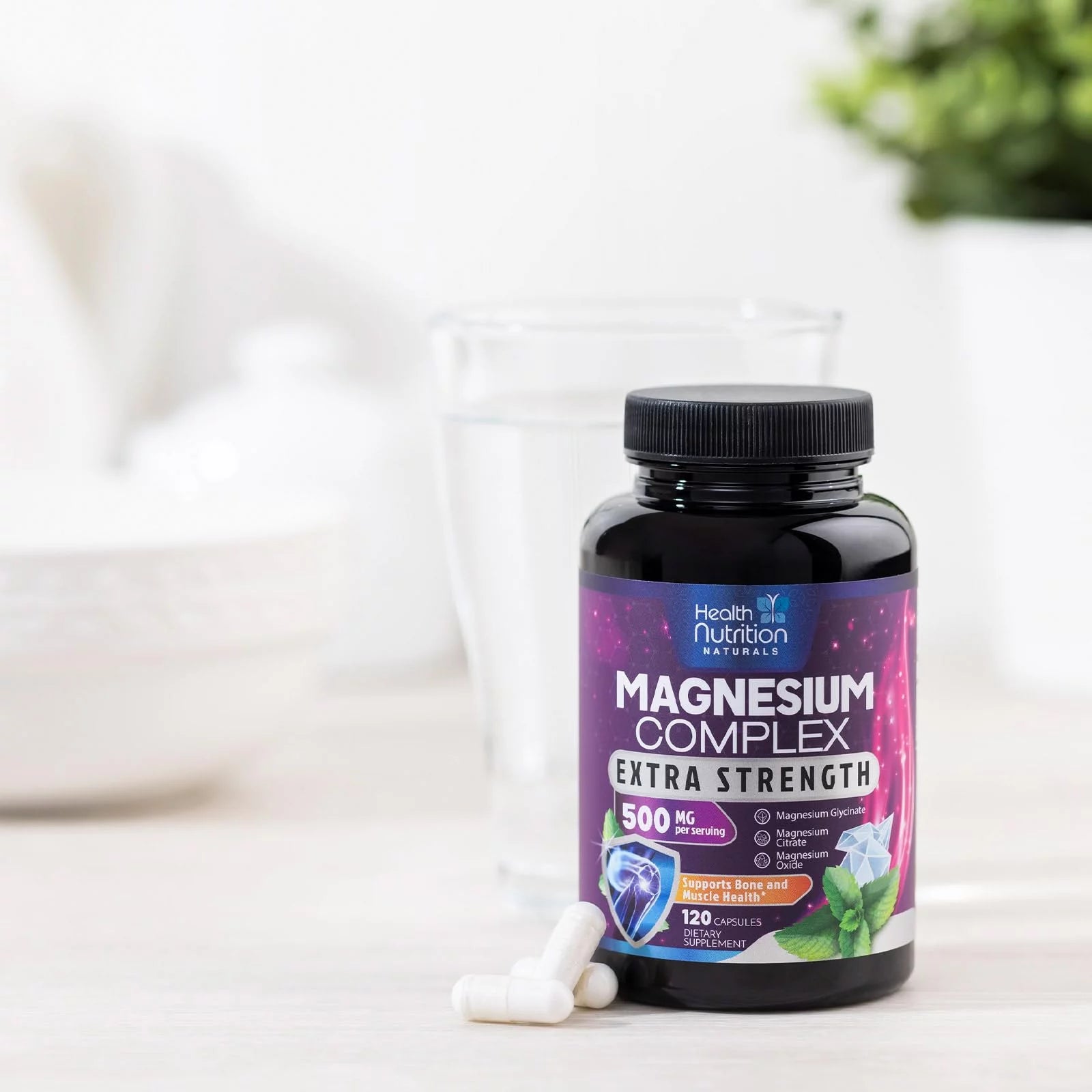 Magnesium Complex 500mg Supplement Capsules for Muscle, Heart, Bone, Nerve Support E184