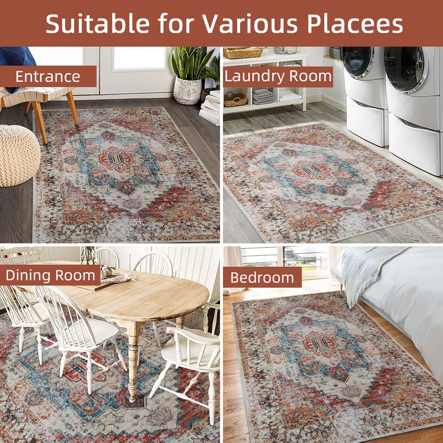 Vintage Bohemian Area Rug for Living Room, 5' x 8', Orange M181