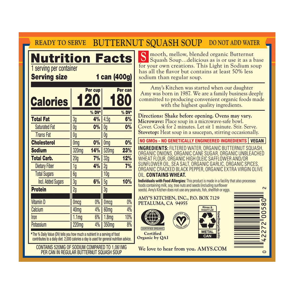 Vegan Organic Butternut Squash Soup, Light in Sodium, Low Fat, 14.1 oz (Pack of 12) V906