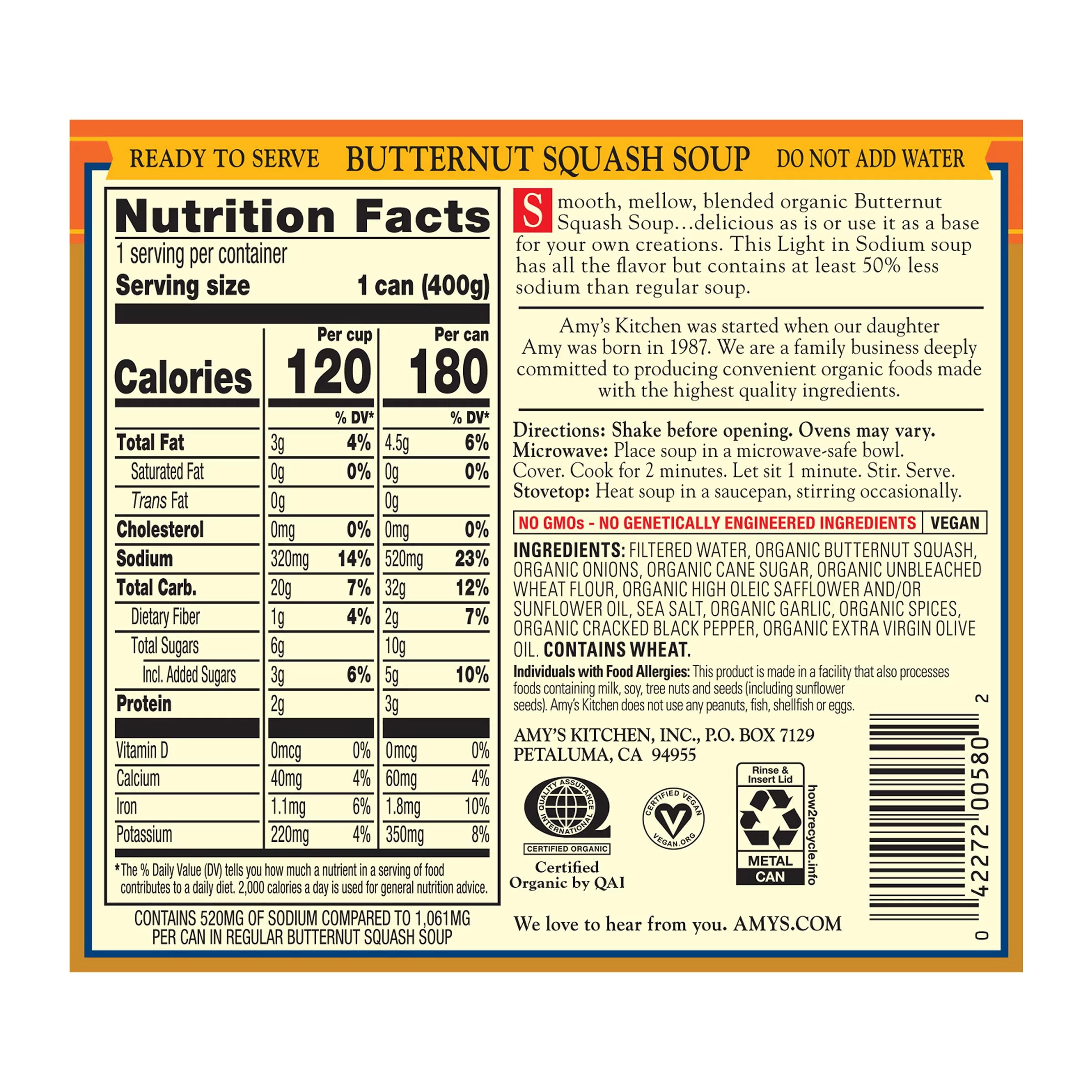 Vegan Organic Butternut Squash Soup, Light in Sodium, Low Fat, 14.1 oz (Pack of 12) V906