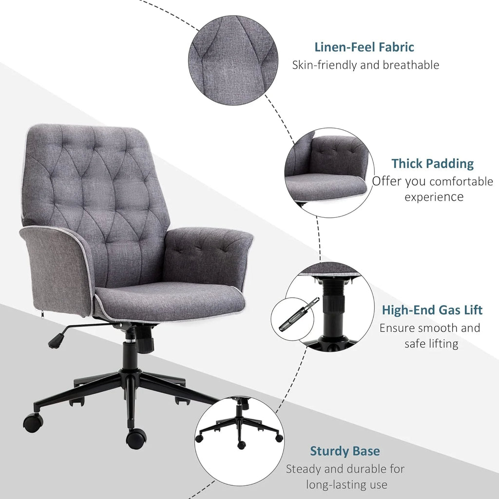 Linen Office Chair, Tufted Adjustable Computer Chair with Swivel Wheels, Dark Gray K806506